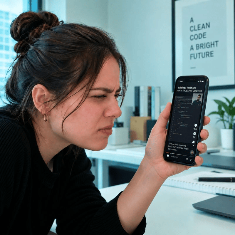 A person holding a smartphone that displays a vertical coding tutorial in a bright workspace.