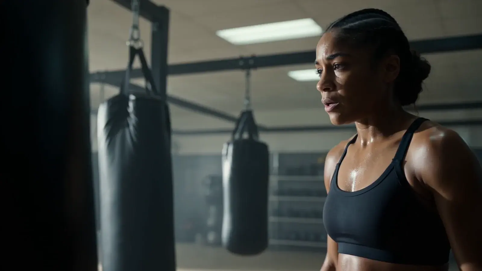 AI-generated sample by TCV Studio. A boxer stands in a gym with hands wrapped.