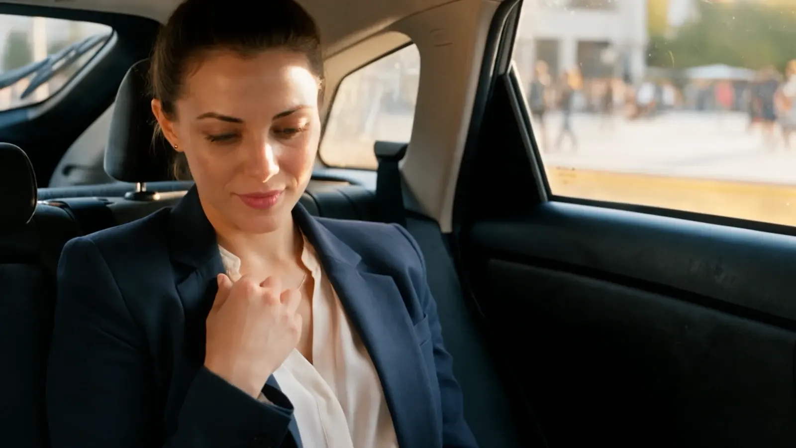 AI-generated sample by TCV Studio. A woman in a blazer sits in the back seat of a car and looks out the side window.