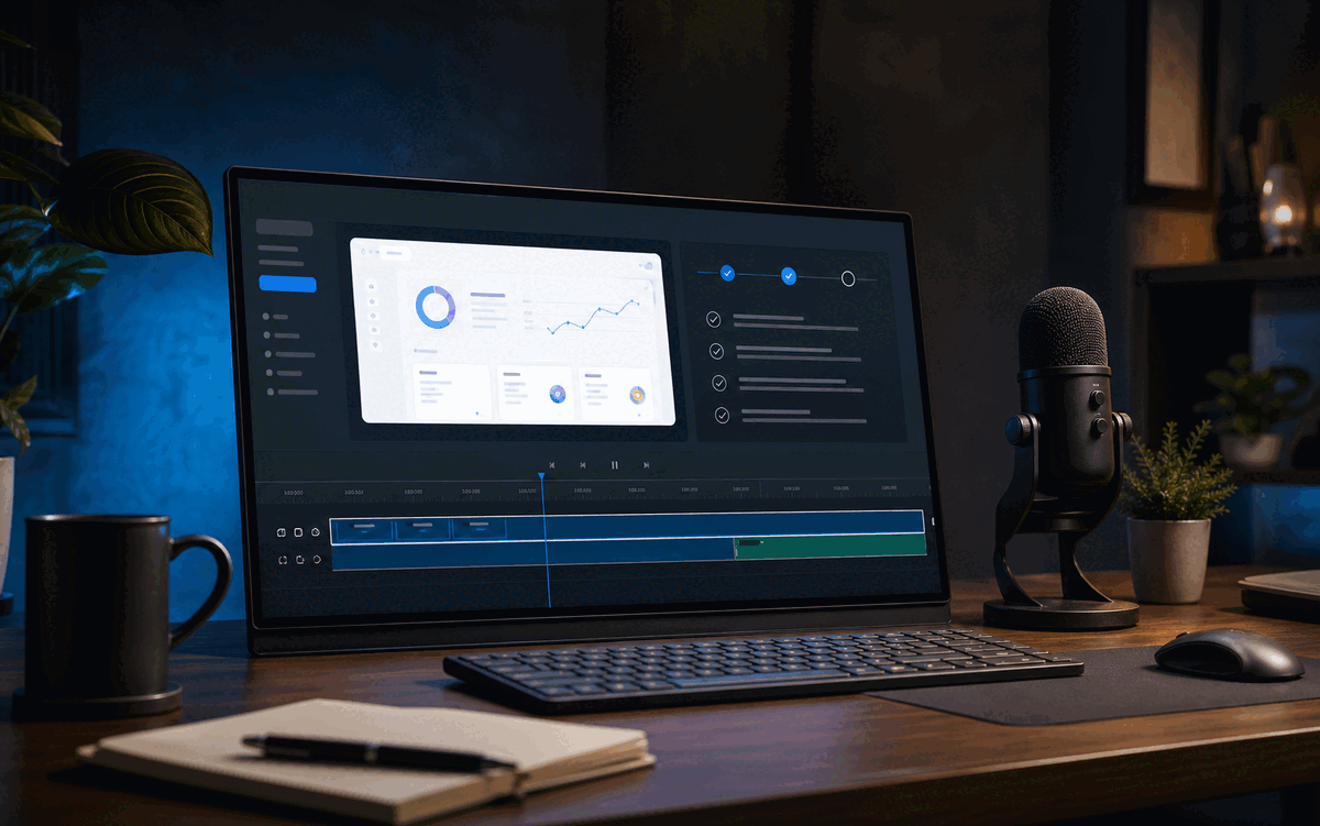 A desktop technical demo recording setup with a widescreen monitor showing a software walkthrough timeline and a USB microphone nearby.