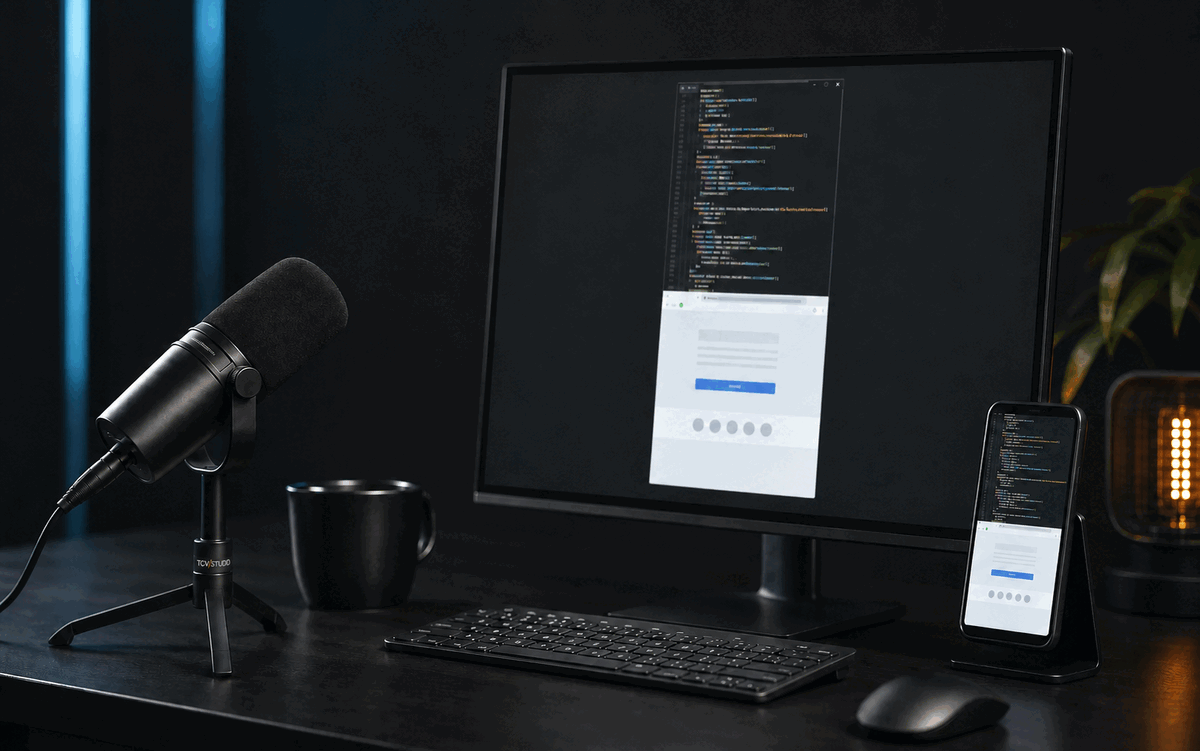 A developer screencast setup with a TCV Studio sticker on the microphone stand, vertical code preview, and phone showing the same video.