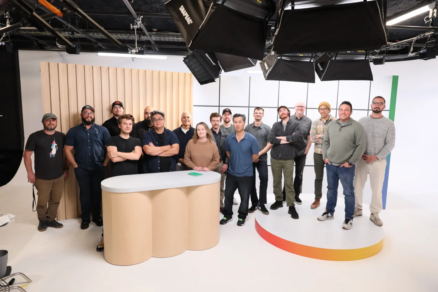 A production team working on a Google I/O session recording setup.